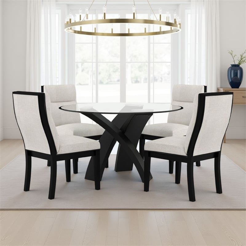 Moi 5pc Dining Table and Chair Set- 52 Inch Round Glass- White Black
