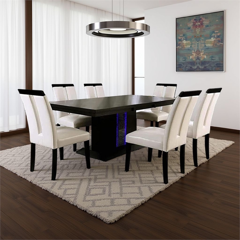 Pyn 7pc Dining Table and Chair Set- Black Wood- Beige Faux Leather