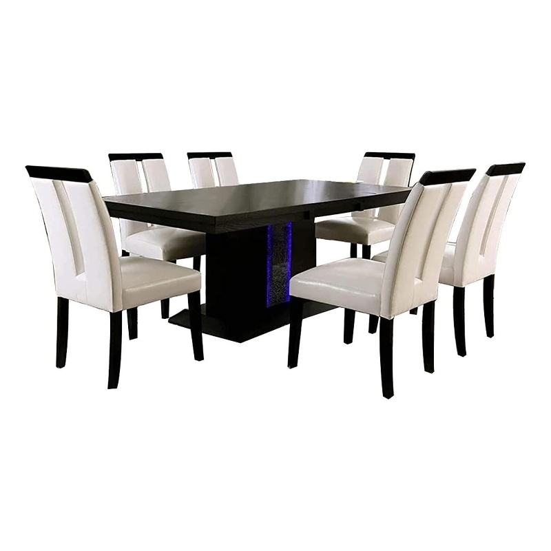 Pyn 7pc Dining Table and Chair Set- Black Wood- Beige Faux Leather