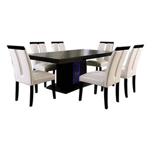 Pyn 7pc Dining Table and Chair Set- Black Wood- Beige Faux Leather