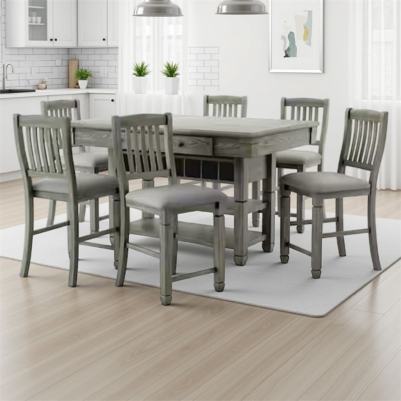 Yani 7pc Counter Height Dining Table and Chair Set- Wire Brushed Gray