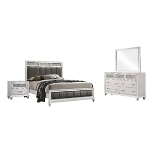 Dini 4pc Queen Bedroom Set- Gray Faux Leather Grid Upholstery- White