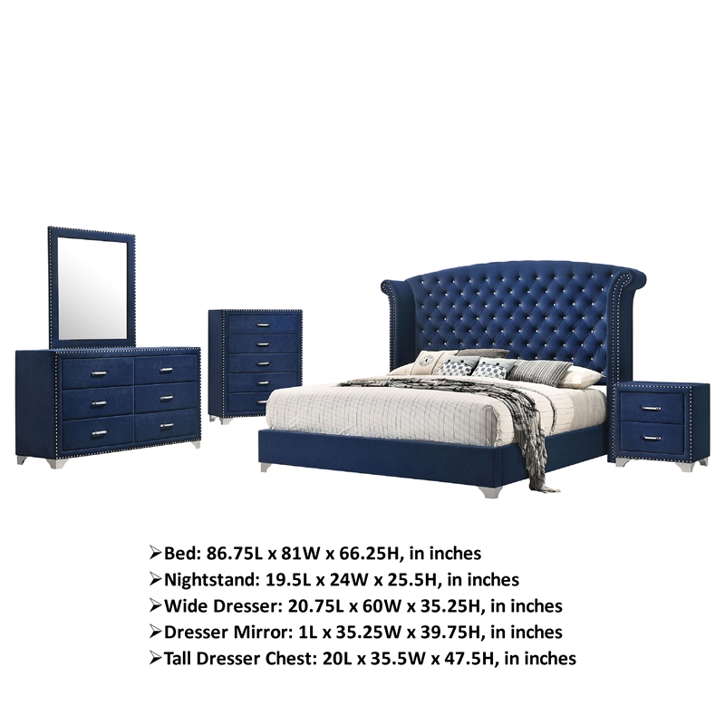 Giya 5pc Queen Bedroom Set- Classic Tufted Dark Blue Velvet Upholstery