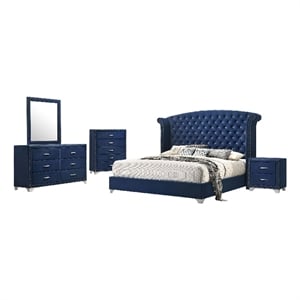 Giya 5pc Queen Bedroom Set- Classic Tufted Dark Blue Velvet Upholstery