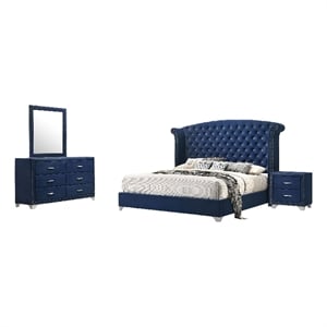 Giya 4pc King Bedroom Set- Classic Tufted Dark Blue Velvet Upholstery