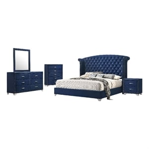 Giya 5pc King Bedroom Set- Classic Tufted Dark Blue Velvet Upholstery