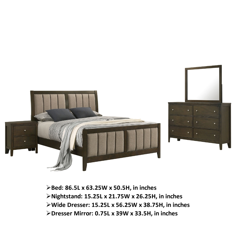 WIly 4 Piece Queen Bedroom Set- Dark Brown- Beige Upholstery- Nickel