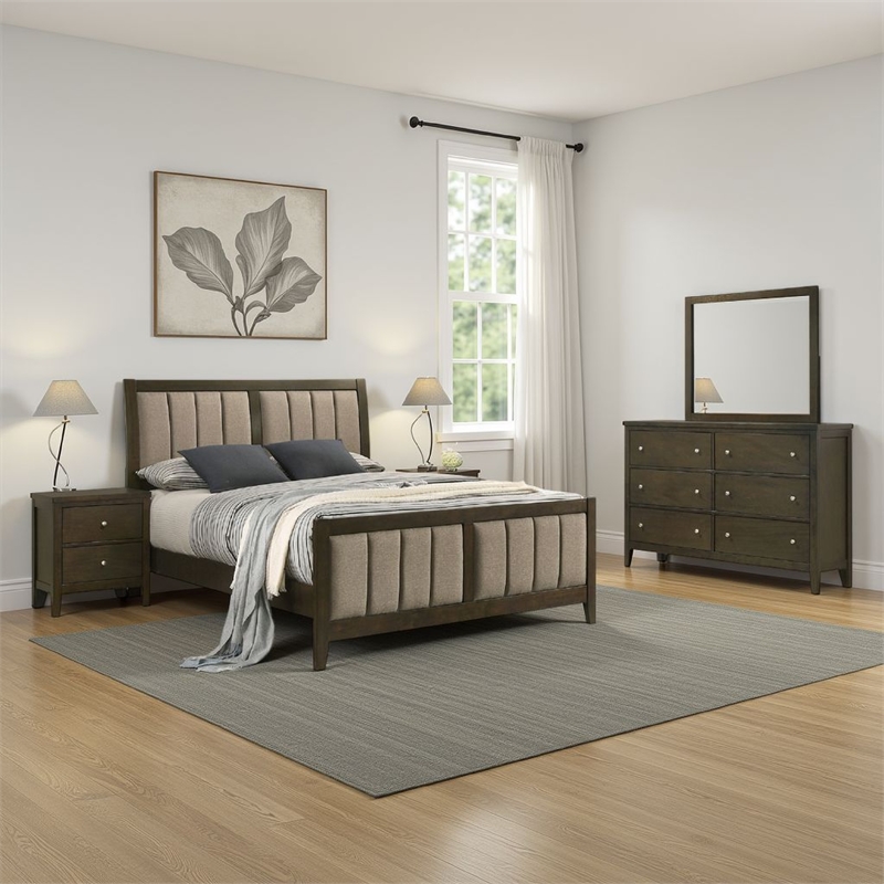 WIly 4 Piece Queen Bedroom Set- Dark Brown- Beige Upholstery- Nickel