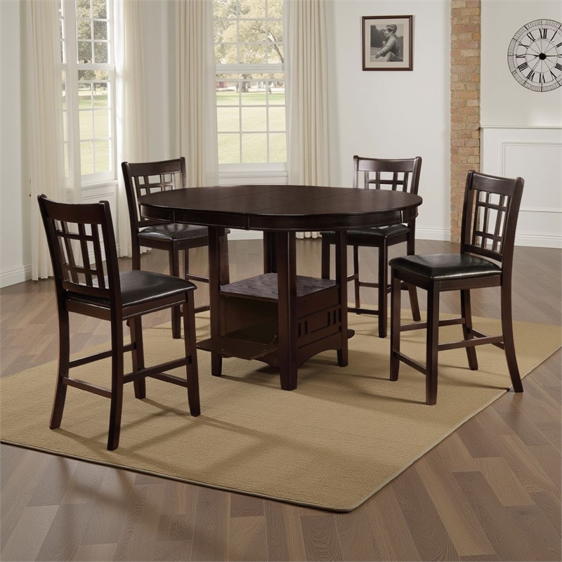 Lessa 5pc Counter Height Dining Table Set w 4 Chairs- Expandable Leaf- Brown