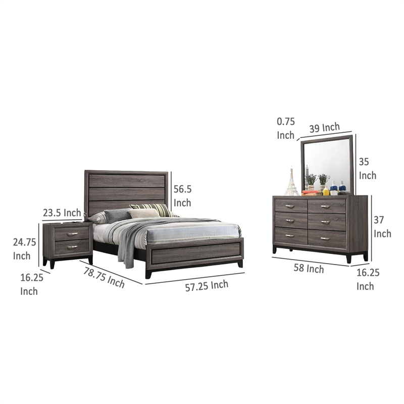 Mela 4pc Full Size Bedroom Set- Dresser- Nightstand- Mirror- Oak Gray