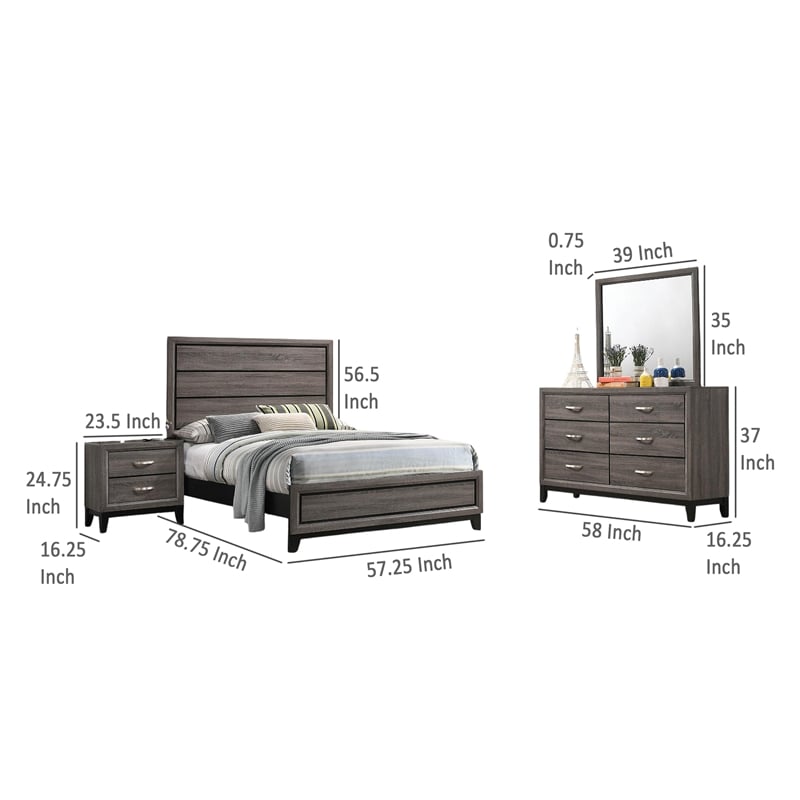 Mela 4pc Full Size Bedroom Set- Dresser- Nightstand- Mirror- Oak Gray