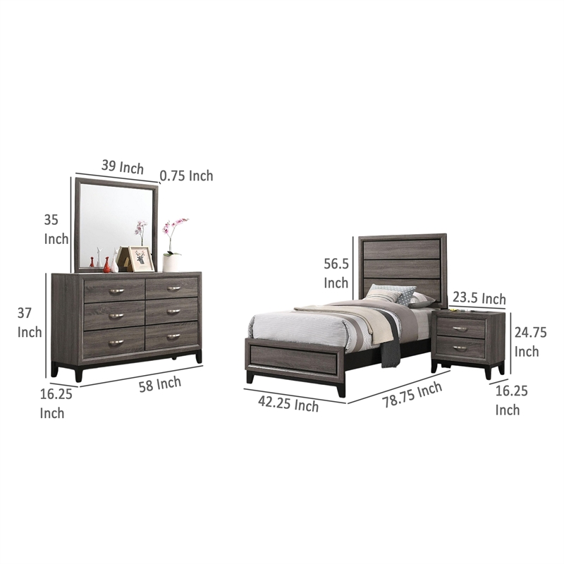 Mela 4pc Twin Bedroom Set with Dresser- Nightstand- Mirror- Oak Gray