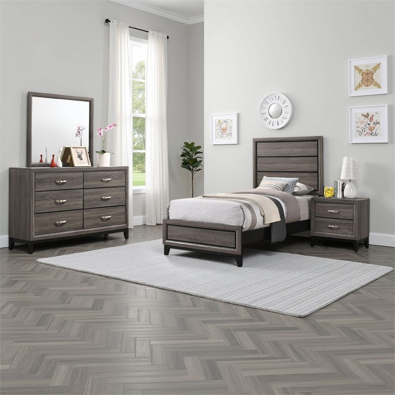Mela 4pc Twin Bedroom Set with Dresser- Nightstand- Mirror- Oak Gray