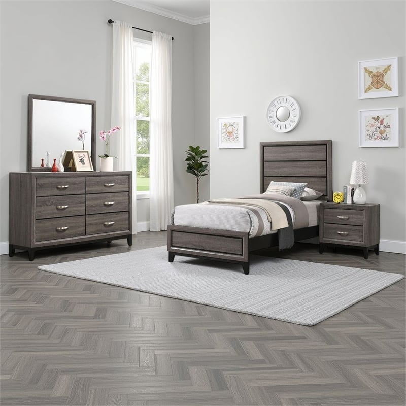 Mela 4pc Twin Bedroom Set with Dresser- Nightstand- Mirror- Oak Gray