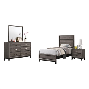 Mela 4pc Twin Bedroom Set with Dresser- Nightstand- Mirror- Oak Gray