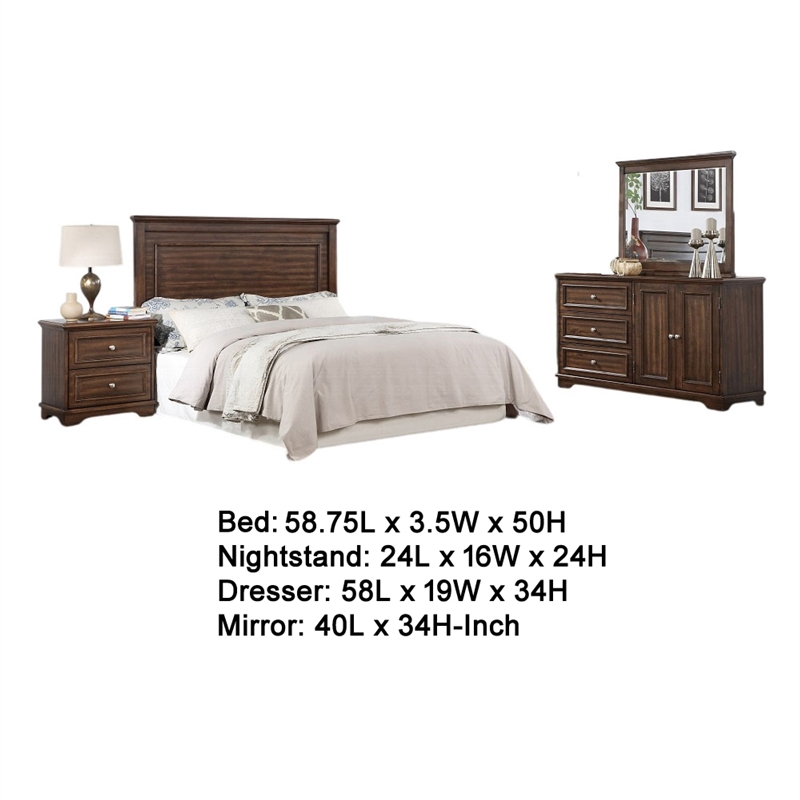 Fori 4 Piece Full Size Bedroom Set- Brown- Nightstand Dresser Mirror
