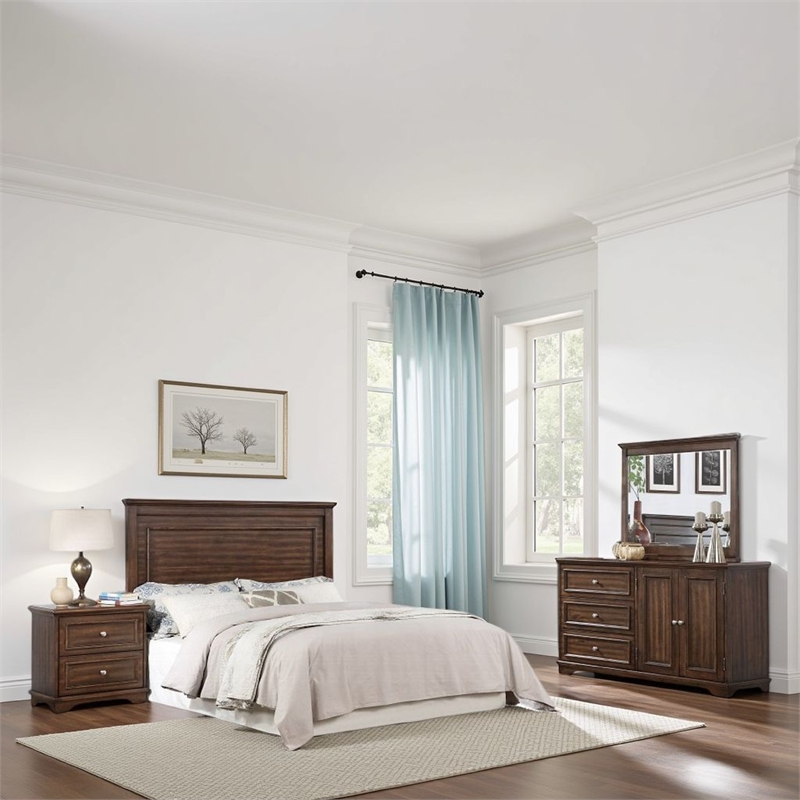 Fori 4 Piece Full Size Bedroom Set- Brown- Nightstand Dresser Mirror