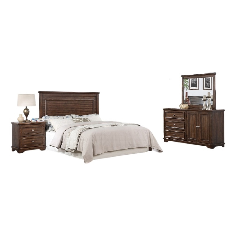 Fori 4 Piece Full Size Bedroom Set- Brown- Nightstand Dresser Mirror