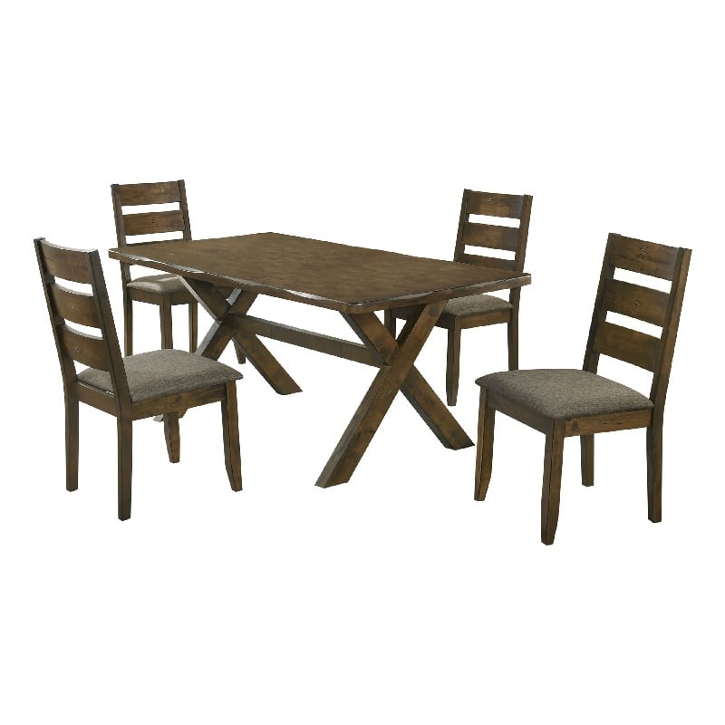 Siny 5pc Dining Table Set- Nutmeg Brown Finish- 4 Padded Side Chairs