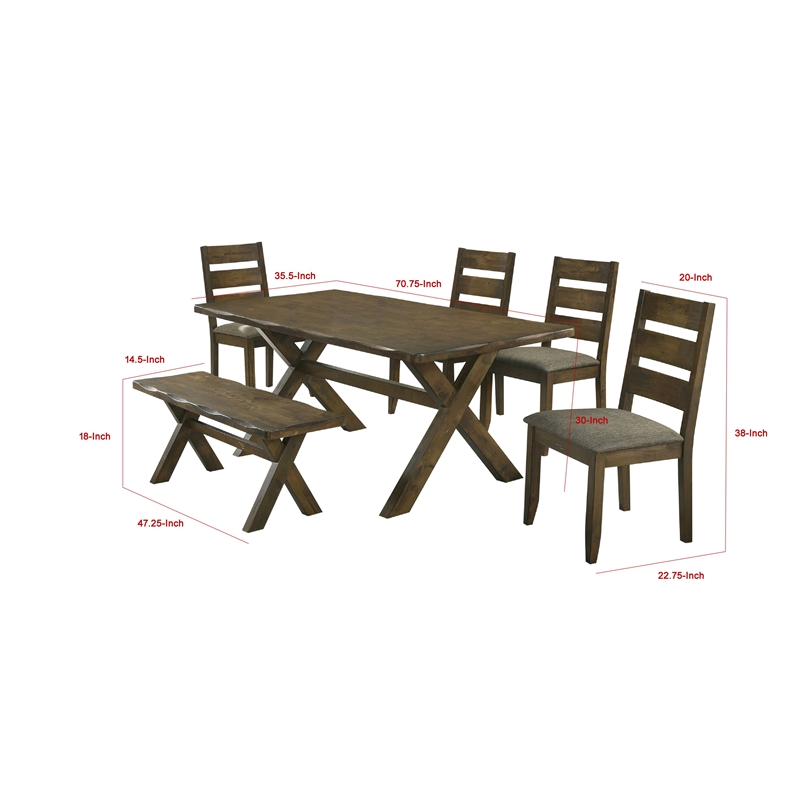 Siny 6pc Dining Table Set- Nutmeg Brown Finish- 4 Padded Chairs and Bench