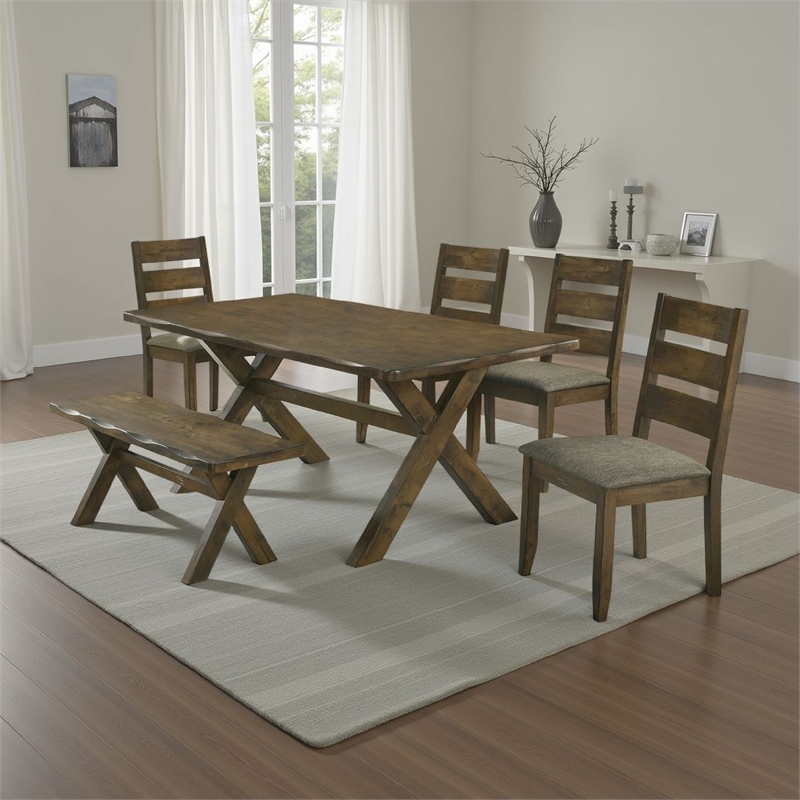 Siny 6pc Dining Table Set- Nutmeg Brown Finish- 4 Padded Chairs and Bench