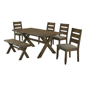 Siny 6pc Dining Table Set- Nutmeg Brown Finish- 4 Padded Chairs and Bench