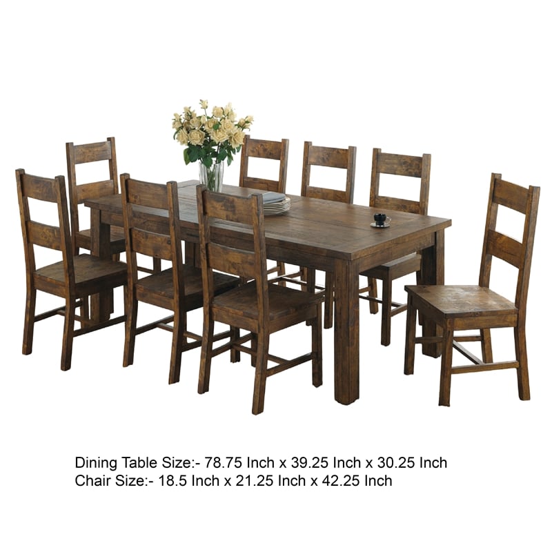 Caly 9pc Dining Table Set- 8 Ladderback Side Chairs- Rustic Golden Brown