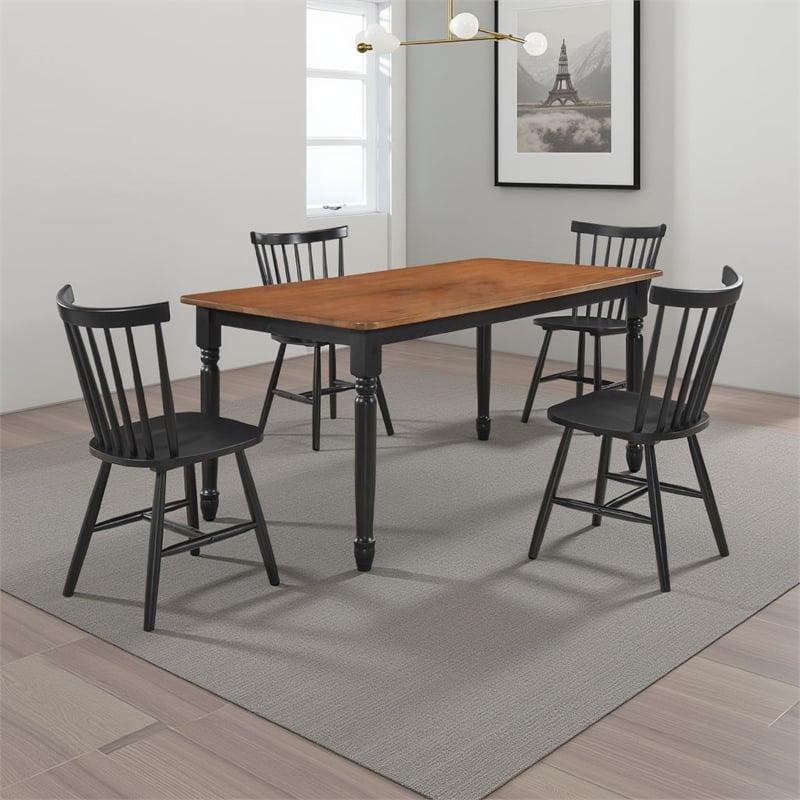 Halie 5pc Dining Table Set- Walnut Brown Wood- 4 Spindle Back Chairs