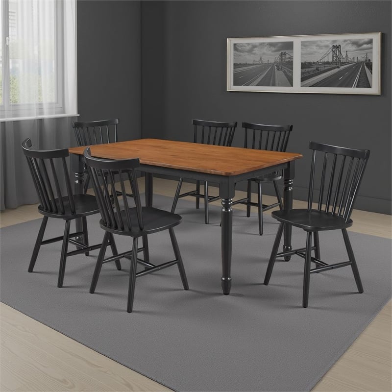 Halie 7pc Dining Table Set- Walnut Brown Wood- 6 Spindle Back Chairs