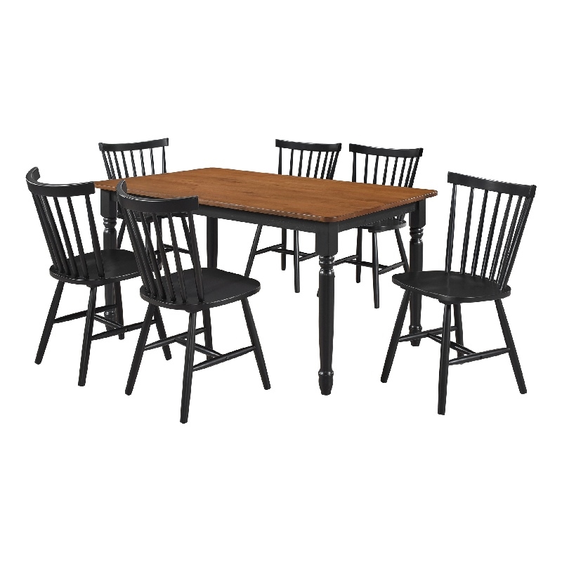 Halie 7pc Dining Table Set- Walnut Brown Wood- 6 Spindle Back Chairs