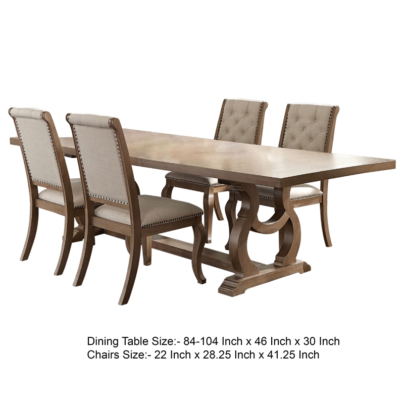 Sev 5pc Dining Table Set- 84-104 Inch Brown Top- 4 Cream Fabric Chairs