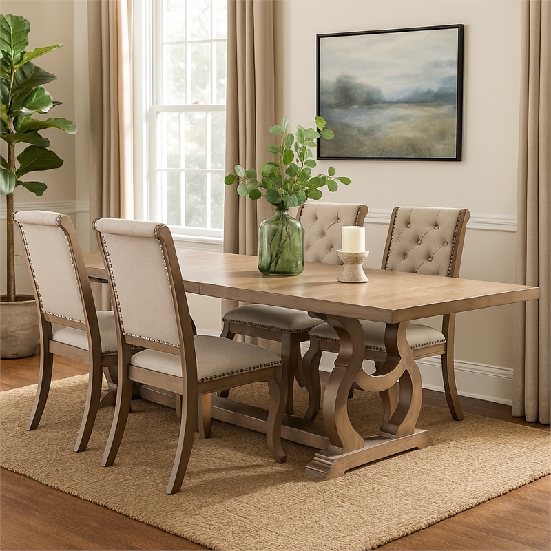 Sev 5pc Dining Table Set- 84-104 Inch Brown Top- 4 Cream Fabric Chairs