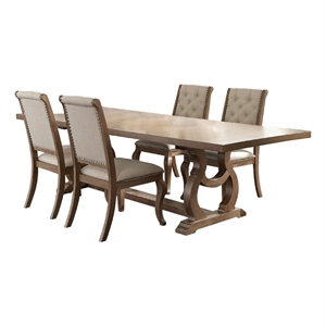 Sev 5pc Dining Table Set- 84-104 Inch Brown Top- 4 Cream Fabric Chairs