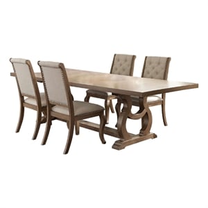 Sev 5pc Dining Table Set- 84-104 Inch Brown Top- 4 Cream Fabric Chairs