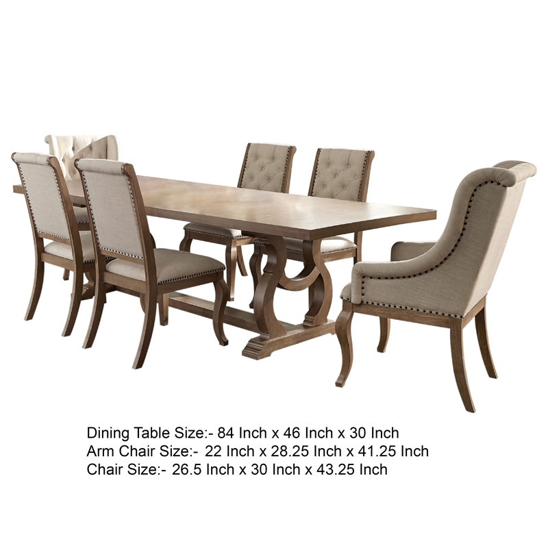 Sev 7pc Dining Table Set- 84-104 Inch Top- 6 Cream Fabric Chairs- Barley Brown