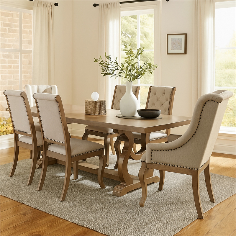 Sev 7pc Dining Table Set- 84-104 Inch Top- 6 Cream Fabric Chairs- Barley Brown