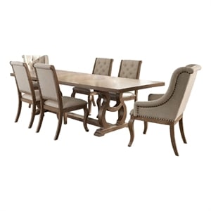 Sev 7pc Dining Table Set- 84-104 Inch Top- 6 Cream Fabric Chairs- Barley Brown