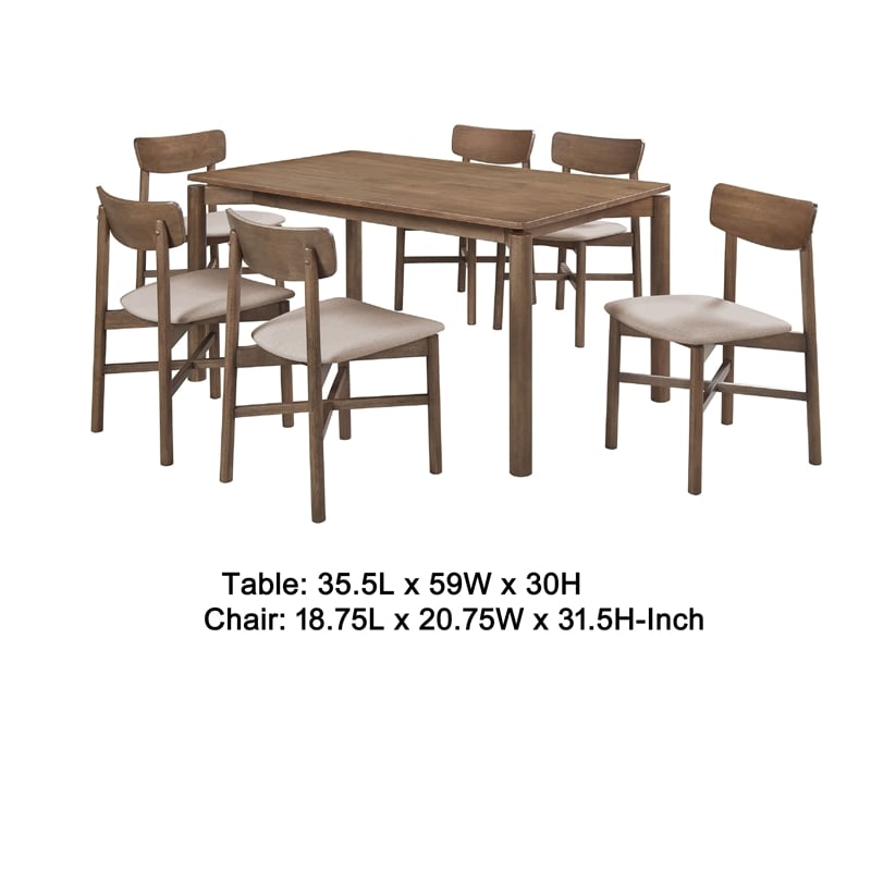 Rida 7pc Dining Table Set w 6 Upholstered Chairs- Natural Walnut Brown