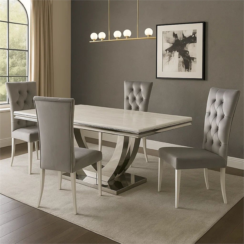 Kery 5pc Dining Table Set- Modern Gray Faux Marble Top- 4 Side Chairs
