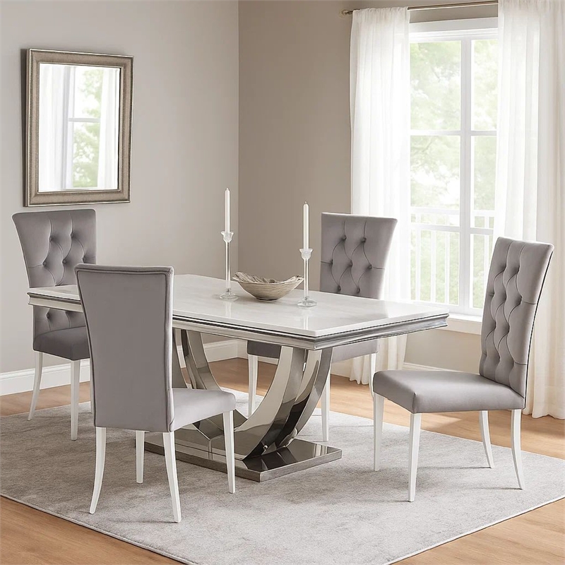 Kery 5pc Dining Table Set- Modern Gray Faux Marble Top- 4 Side Chairs