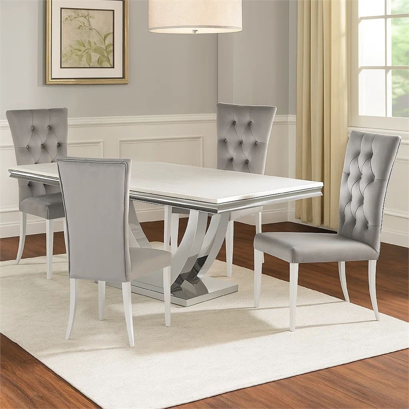 Kery 5pc Dining Table Set- Modern Gray Faux Marble Top- 4 Side Chairs
