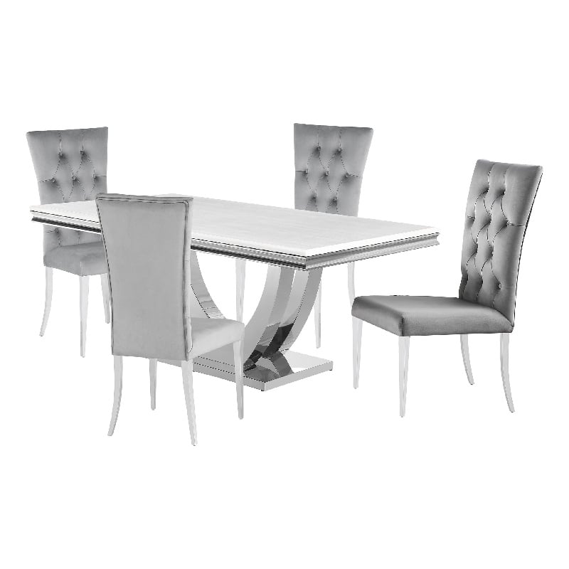 Kery 5pc Dining Table Set- Modern Gray Faux Marble Top- 4 Side Chairs