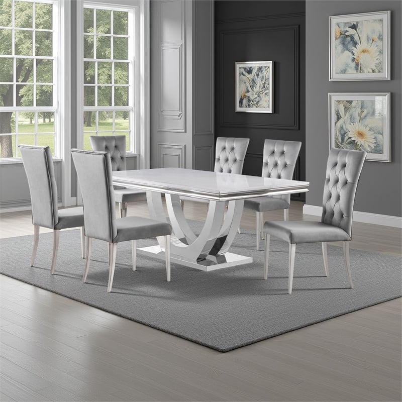 Kery 7pc Dining Table Set- Modern Gray Faux Marble Top- 6 Side Chairs