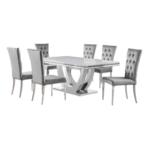 Kery 7pc Dining Table Set- Modern Gray Faux Marble Top- 6 Side Chairs