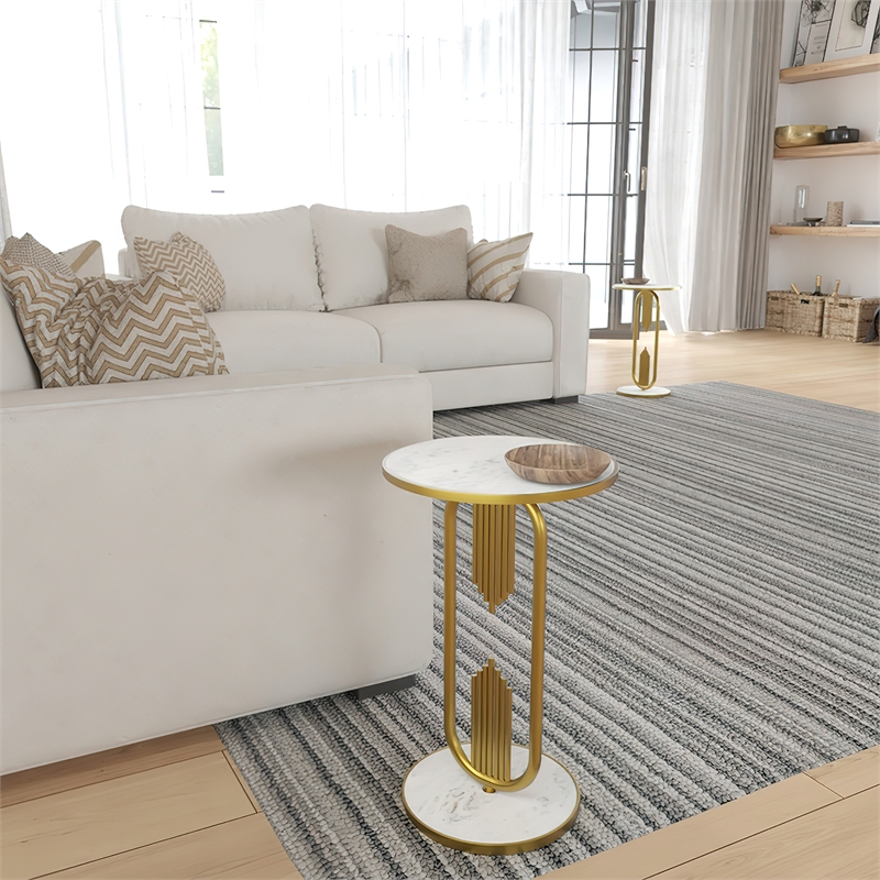 Soho Side End Table with Round Marble Top- Gold Oblong Frame- 21-Inch Height