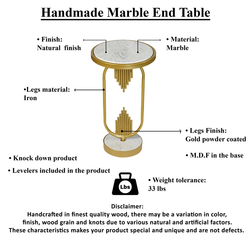 Soho Side End Table with Round Marble Top- Gold Oblong Frame- 21-Inch Height