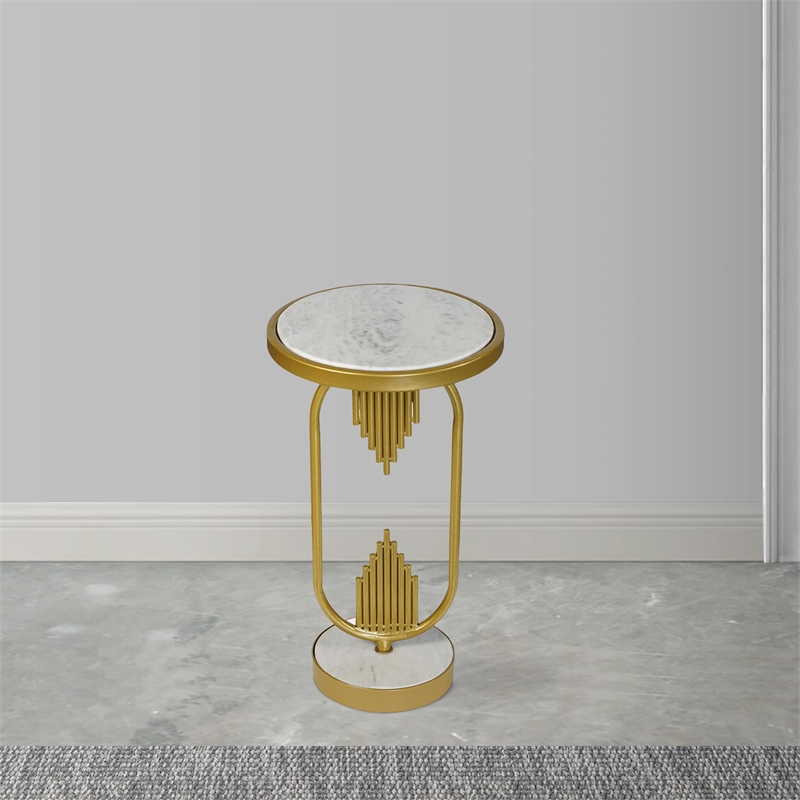 Soho Side End Table with Round Marble Top- Gold Oblong Frame- 21-Inch Height