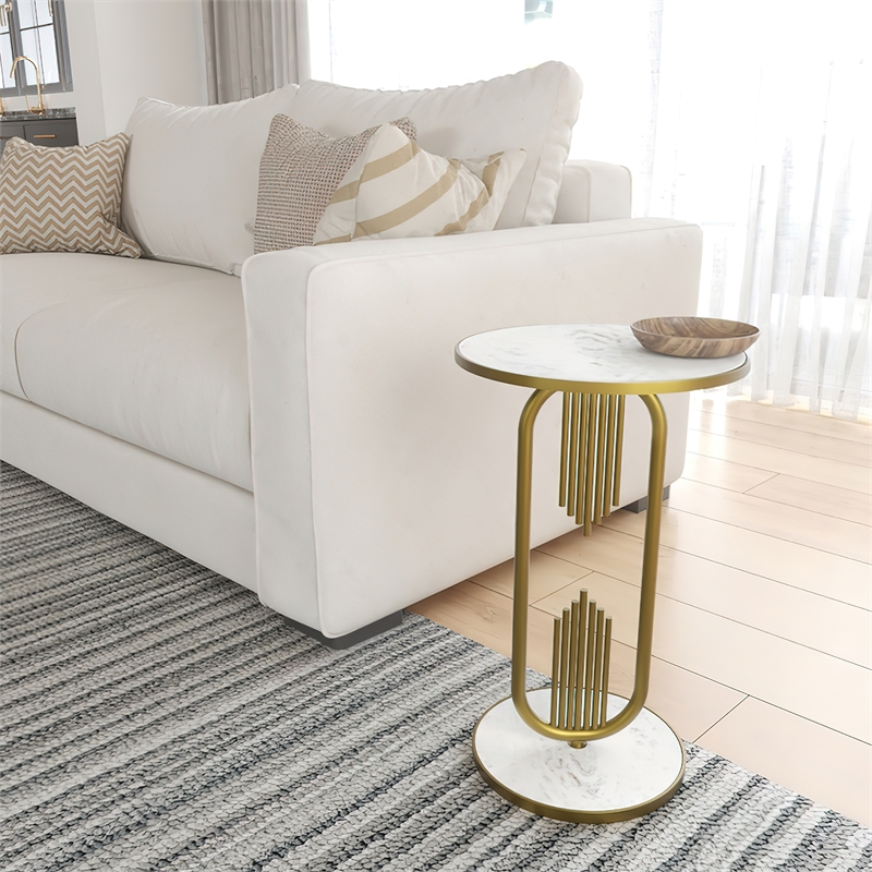 Soho Side End Table with Round Marble Top- Gold Oblong Frame- 21-Inch Height