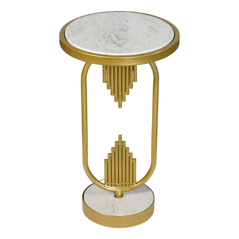 Soho Side End Table with Round Marble Top- Gold Oblong Frame- 21-Inch Height