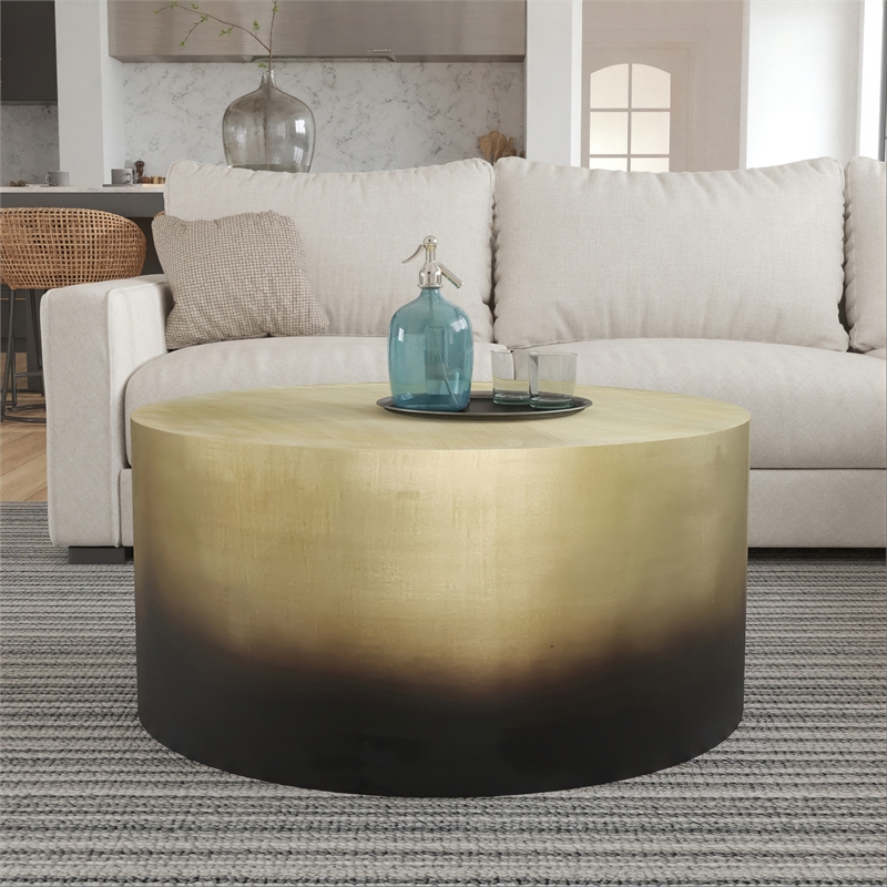 Dyan Coffee Table- 34.5 Inch Round Drum Shape- Black- Gold Antique Brass Ombre